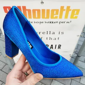 Blauwe glitterpumps met steentjes en blokhak