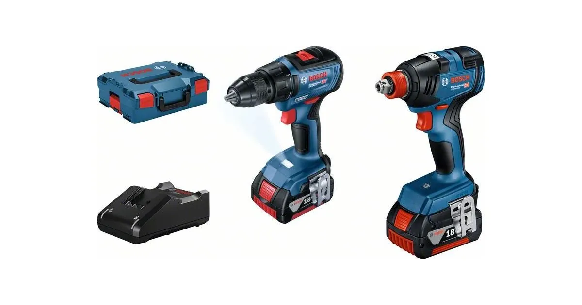 BOSCH ACCUGEREEDSCHAPSET, ACCUSLAGMOERSLEUTEL + ACCUBOORSCHROEFMACHINE, GDX 18V200 + GSR 18V50+ 2× GBA 18V 4,0AH + GAL 18V