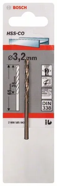 BOSCH BOREN VOOR METAAL HSSCO, DIN 338 3,2 X 36 X 65 MM 2608585843