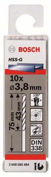 BOSCH BOREN VOOR METAAL HSSG, DIN 338 3,8 X 43 X 75 MM (10 STUKS) 2608585484