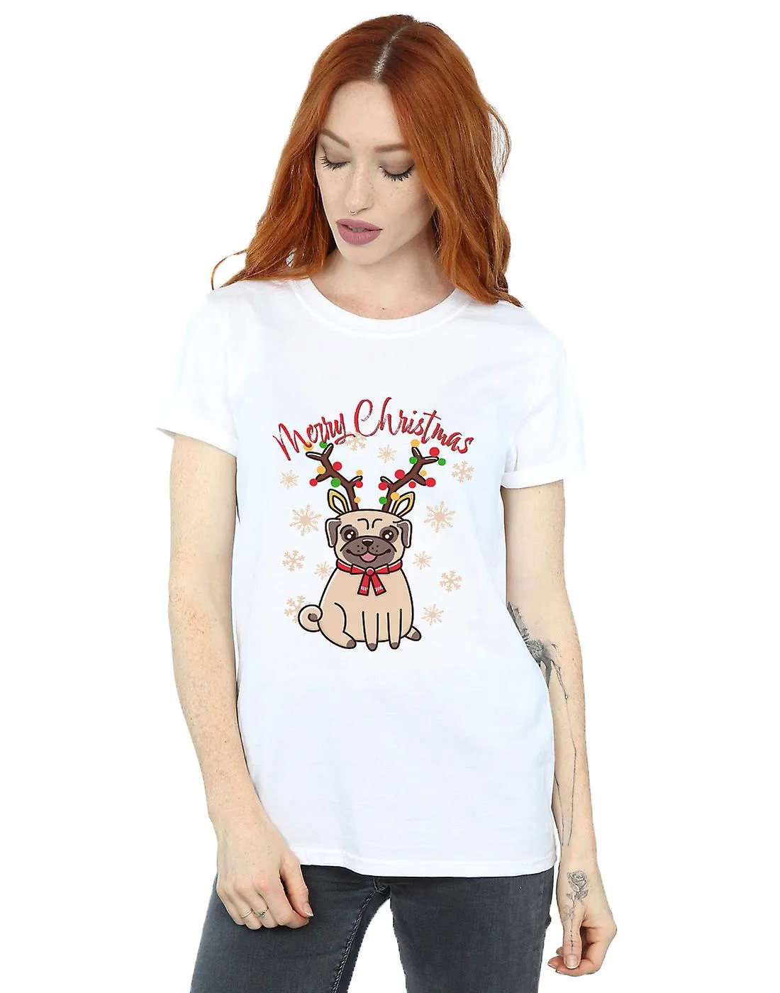 KERST VROUWEN HUISDIEREN KERST MERRY CHRISTMAS PUG ANTLERS BOYFRIEND FIT TSHIRT