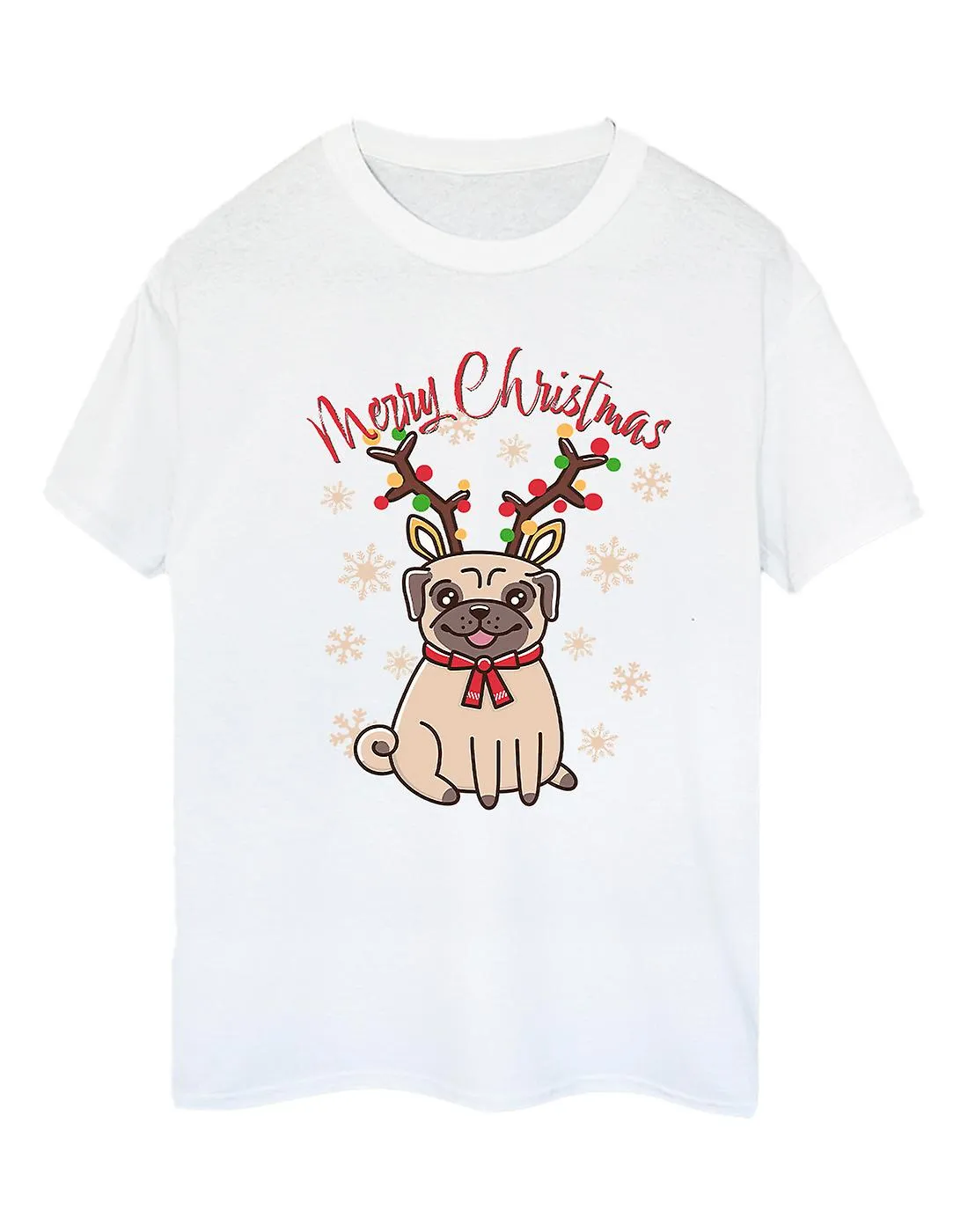 KERST VROUWEN HUISDIEREN KERST MERRY CHRISTMAS PUG ANTLERS BOYFRIEND FIT TSHIRT